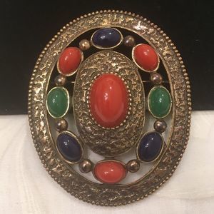 Vintage Les Bernard Brass Brooch With Cabochons